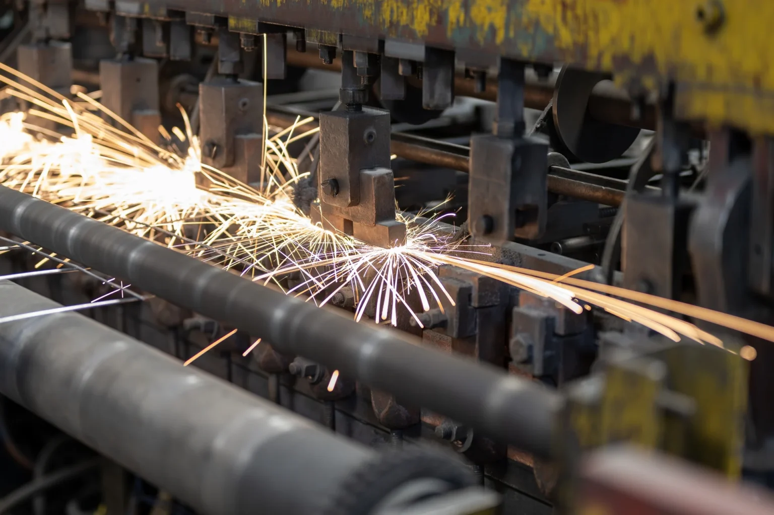 Resistance welding machine fusing wire intersections into weldmesh